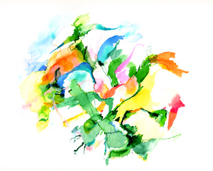Site-specific painting von Kirsten Kötter: Garten im Taunus - Warmes Abendlicht fällt durch die Blätter der hohen Bäume und Zweige der hohen Fichten, Spätsommer 2004, Aquarell, 30 × 40 cm