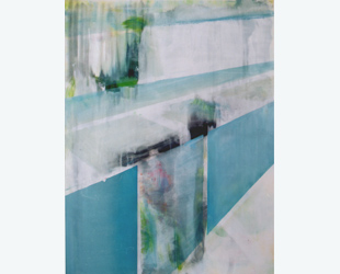 Kirsten Kötter: ohne Titel (Glasarchitektur am Genfer See), 2010, 90 x70 cm, l, Acryl auf Leinwand, Palimpsest (Übermalung Blumen)