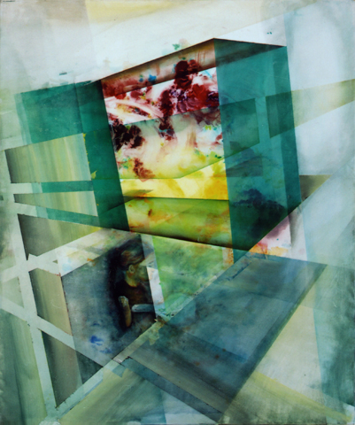 untitled (Exhibition hall), 2007 / 2010, oil, acrylic, canvas, palimpsest (overpainting Girl working with dolphin),
  120 × 100 cm (Kirsten Kötter) / ohne Titel (Ausstellungshalle), Palimpsest (Übermalung Mädchen arbeitet mit Delfin)