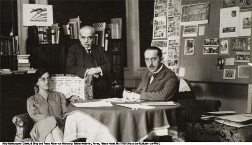 Abbildung Haus der Kulturen der Welt: Aby Warburg (Mitte) mit Gertrud Bing und Franz Alber vor Warburgs Tafelentwürfen, Rome, Palace Hotel, Mai 1929