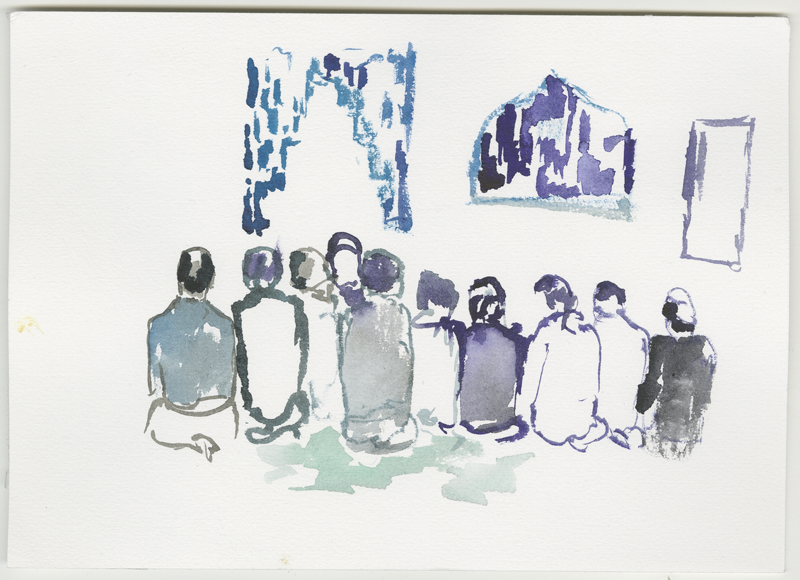 2015-11-07_52-4666_13-3833_sehitlik-moschee, men are praying, sketch, 17 × 24 cm (Kirsten Kötter)