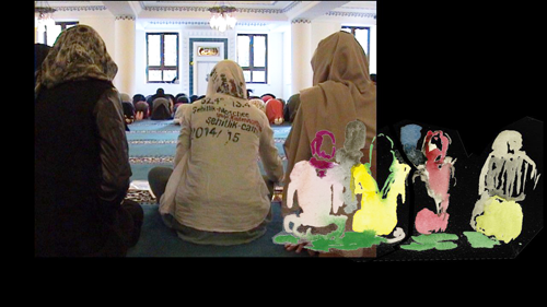 Site-specific research Şehitlik Mosque, Berlin, 2015-11-07_frauenr-skizze-videostill_dm, video, 8:49 min., 393 MB, 2018, digital montage, video still (Kirsten Kötter)